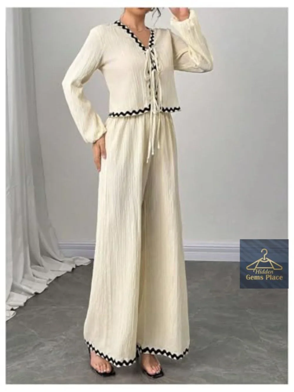 Long Sleeve Tie Front Top & Wide Leg Palazzo Pants Lounge Set - Picture 2 of 5